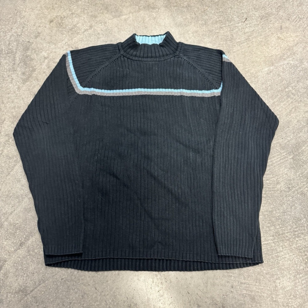 Women's Claiborne Sweater Black Mock Neck Ribbed Knit Pullover Striped Top Large